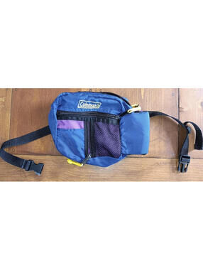 90's vintage Coleman waist pouch in blue and purple with a water bottle pouch
